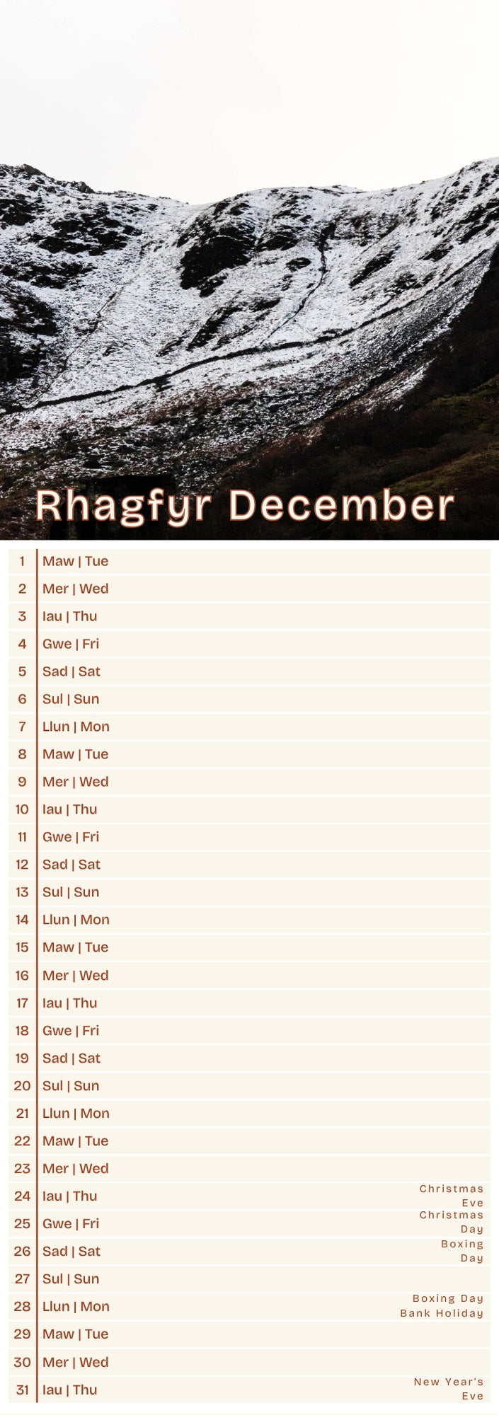 Llanberis Slim Calendar