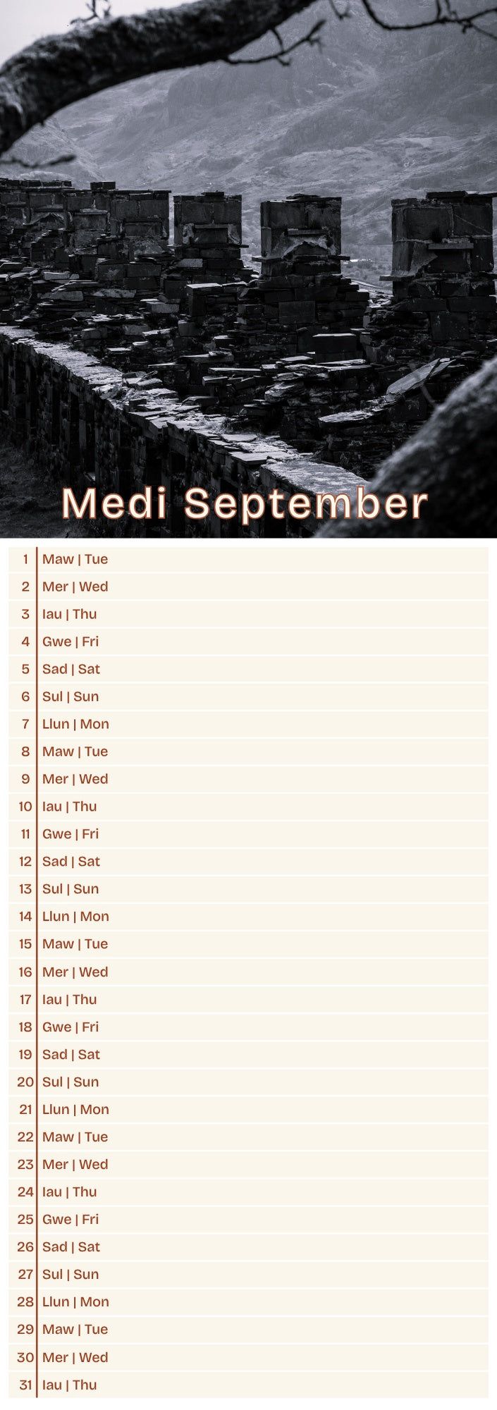 Llanberis Slim Calendar