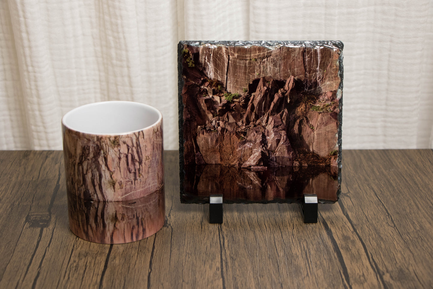 photographic printed photo slate and mug with slate pit wall and the reflection in the lake on both products