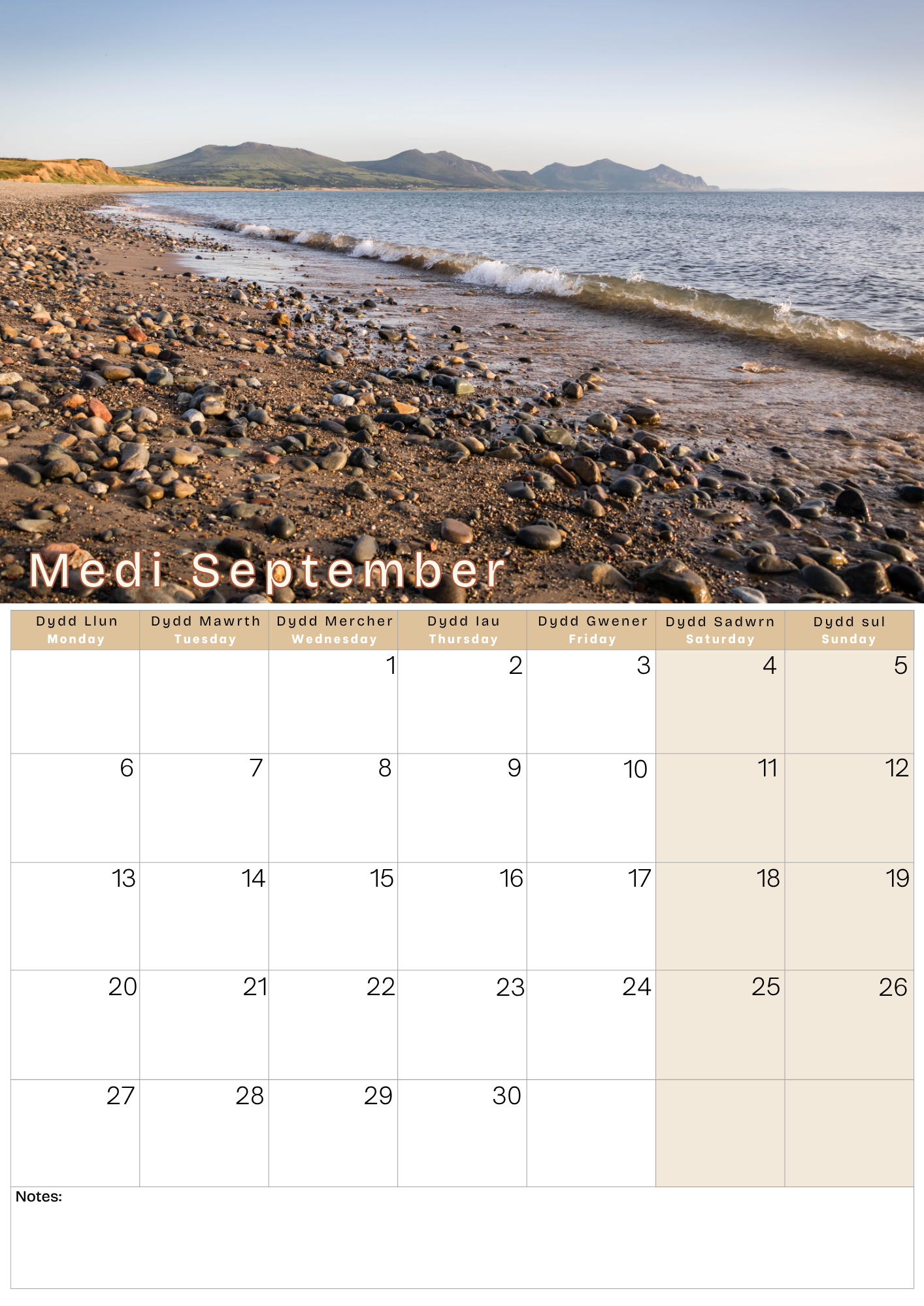 Calendar with a beach scene for September, featuring the month name 'Medi September'.