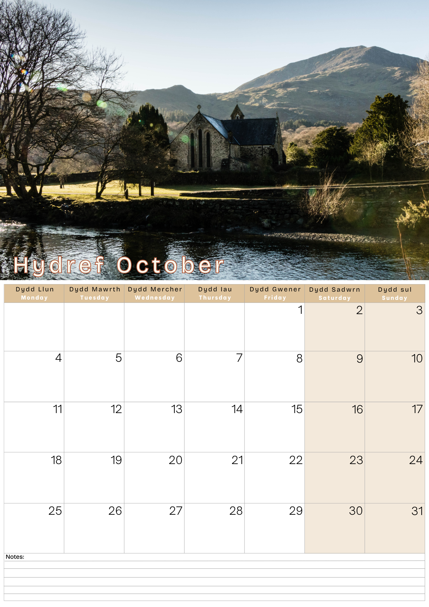 Calendar page for October showing a scenic landscape with a church and mountains.