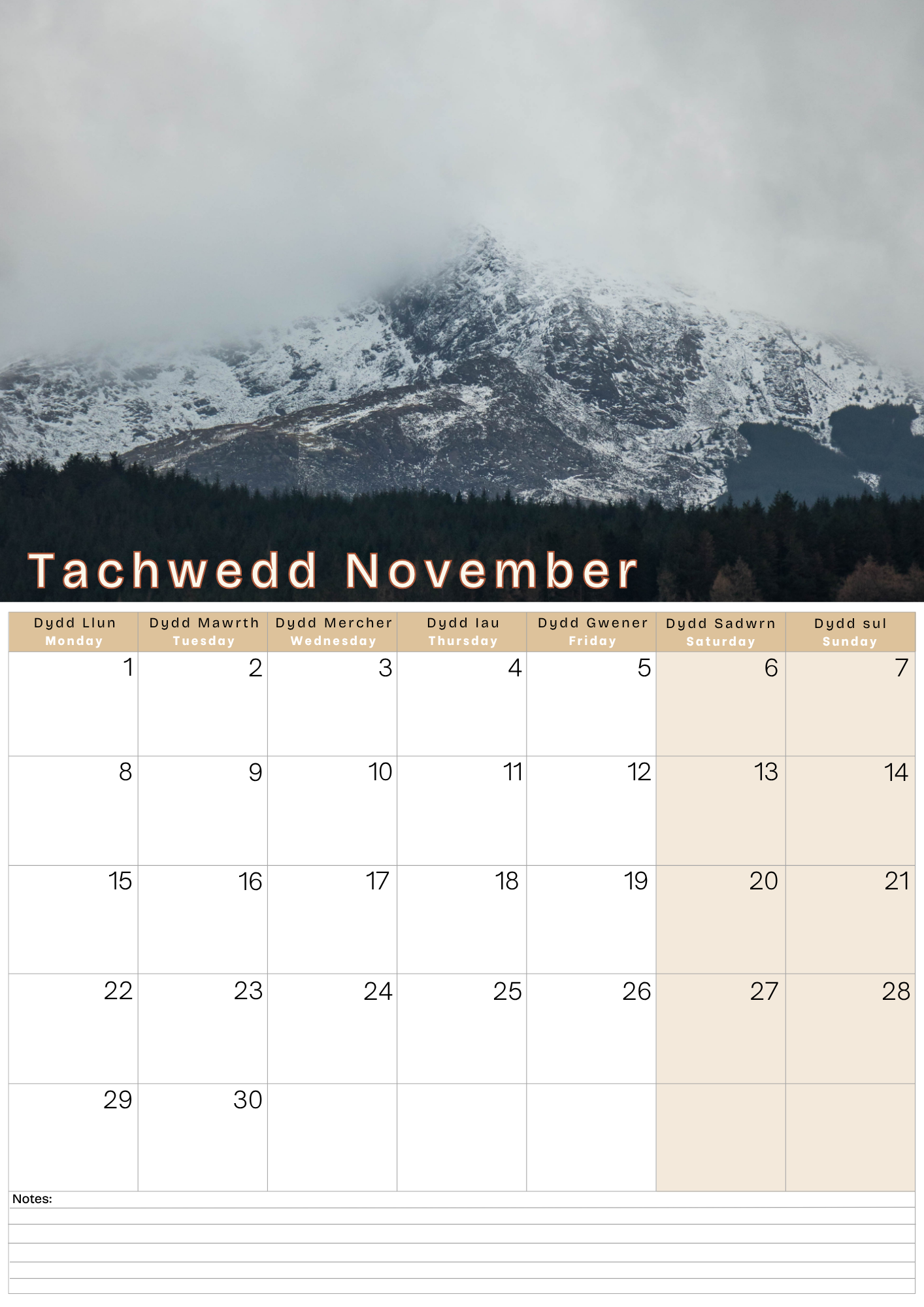 Calendar for November with a snowy mountain landscape 