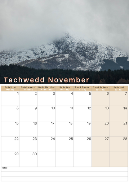 Calendar for November with a snowy mountain landscape 