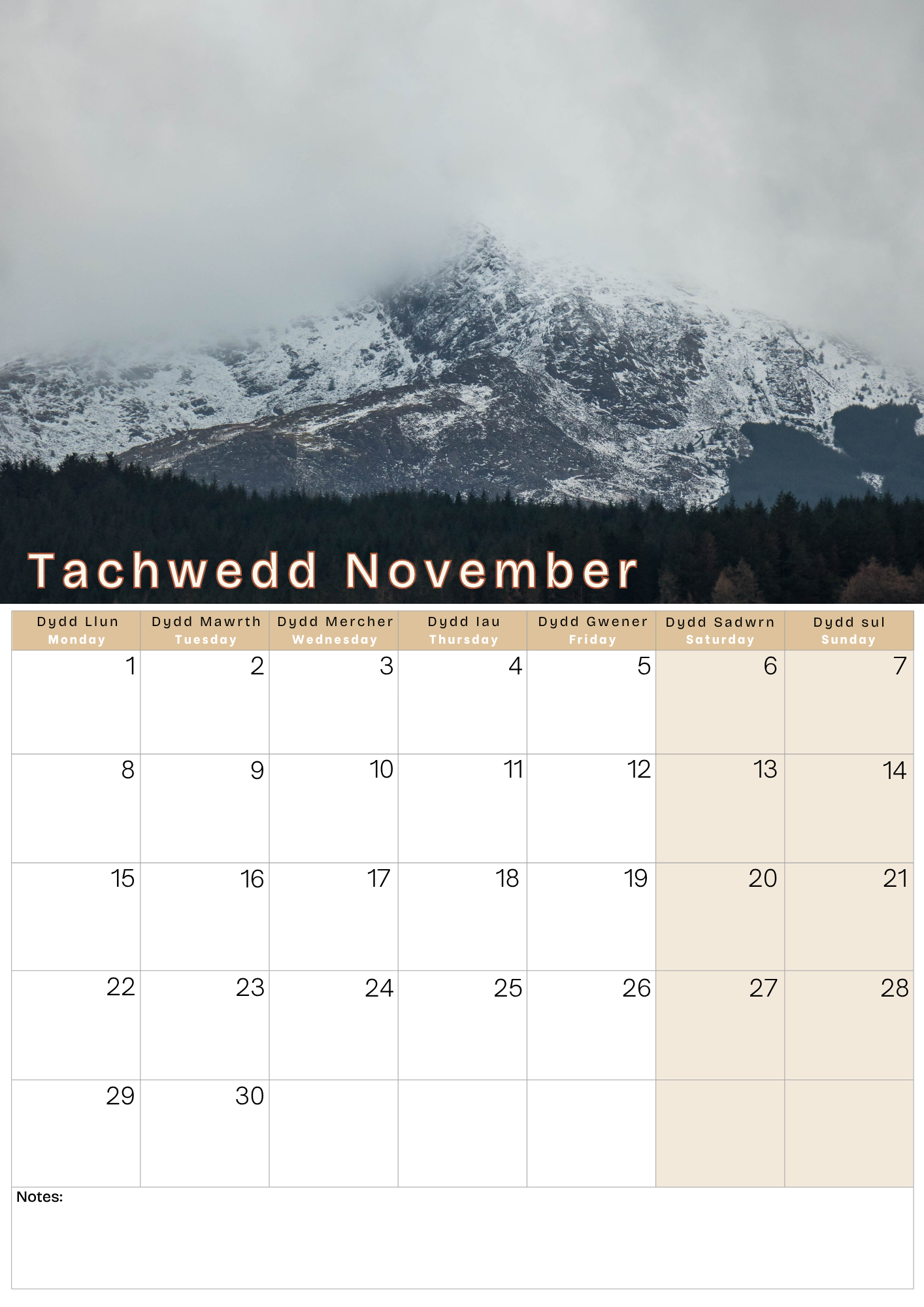 Calendar for November with a snowy mountain landscape 