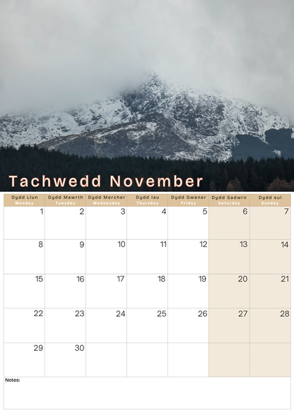 Calendar for November with a snowy mountain landscape 