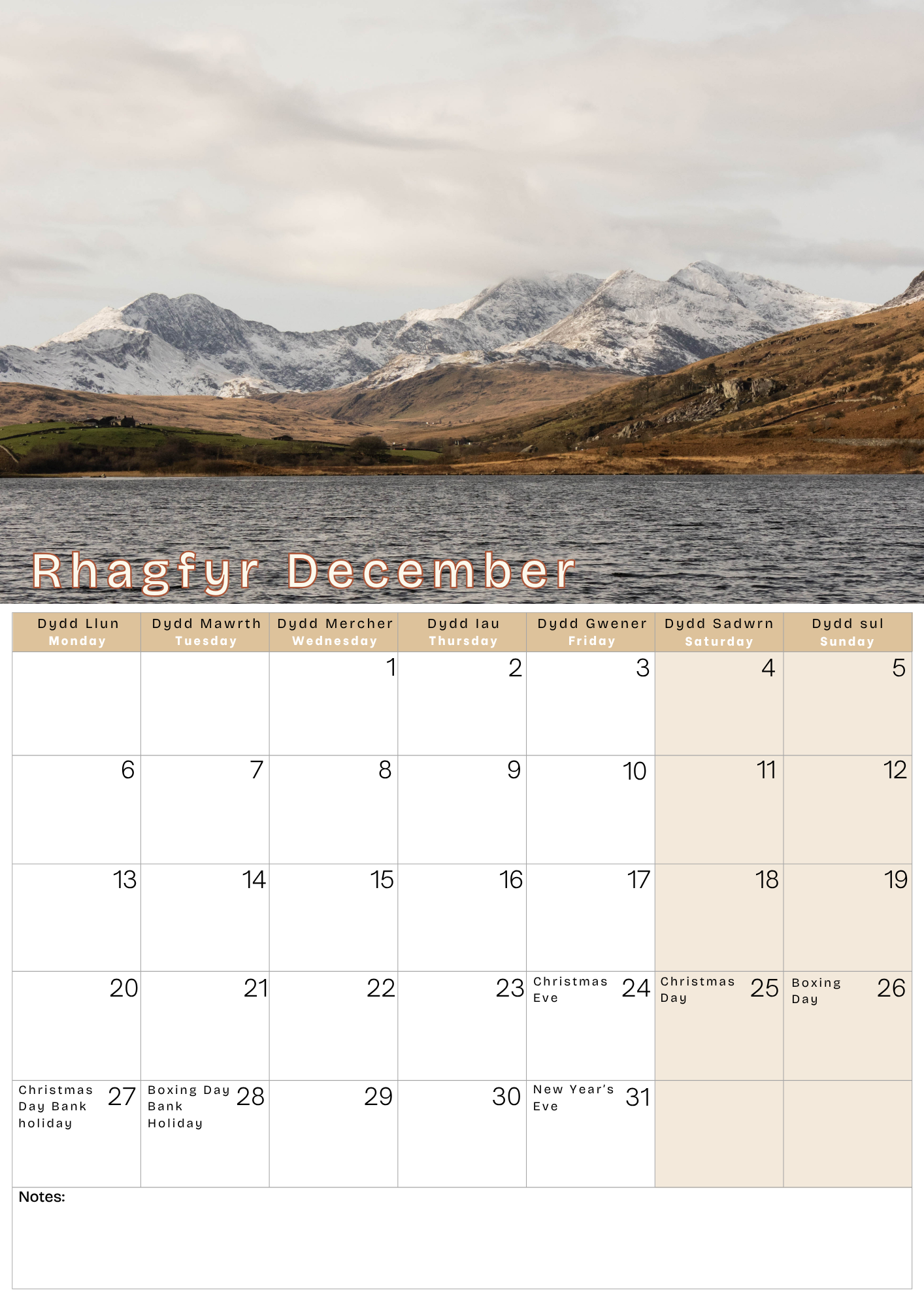 Calendar for December with a scenic mountain landscape