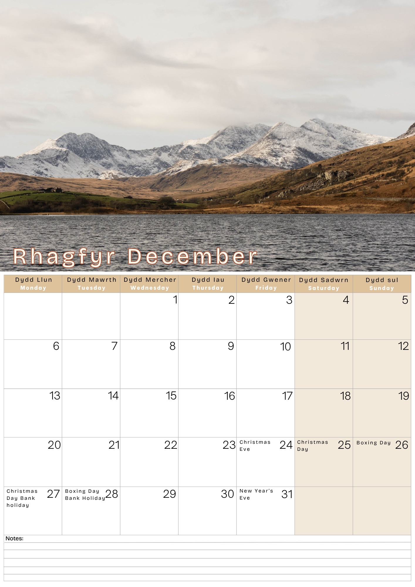 Calendar for December with a scenic mountain landscape