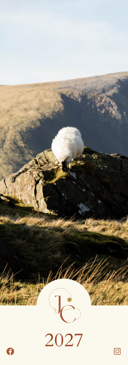 Sheep on a rocky outcrop with a scenic background, featuring the text 'JC 2027' at the bottom.