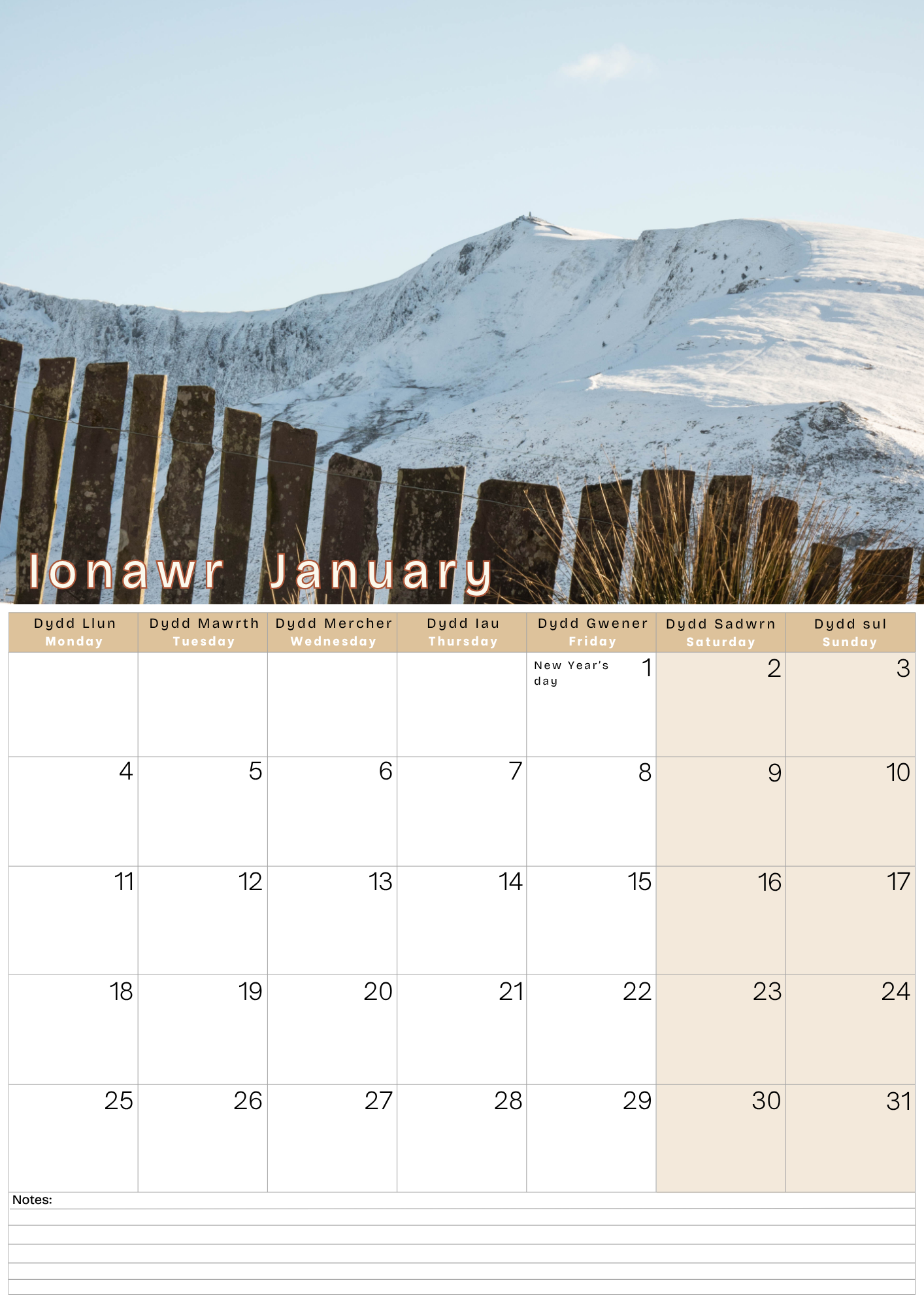 Calendar page for January with a scenic mountain view