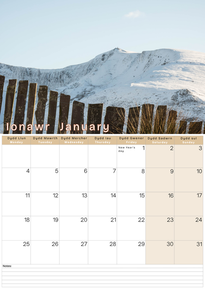 Calendar page for January with a scenic mountain view