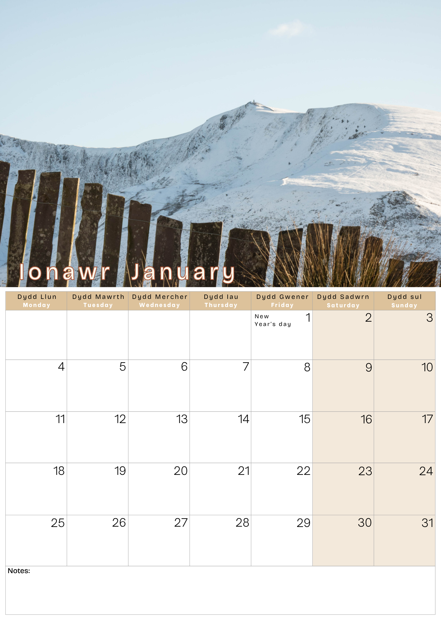 Calendar with a snowy mountain and wooden fence design, featuring the month of January.