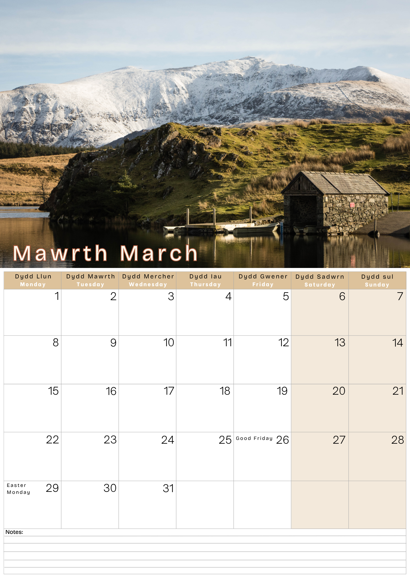 Calendar with a scenic mountain and lake landscape, featuring the month of March.
