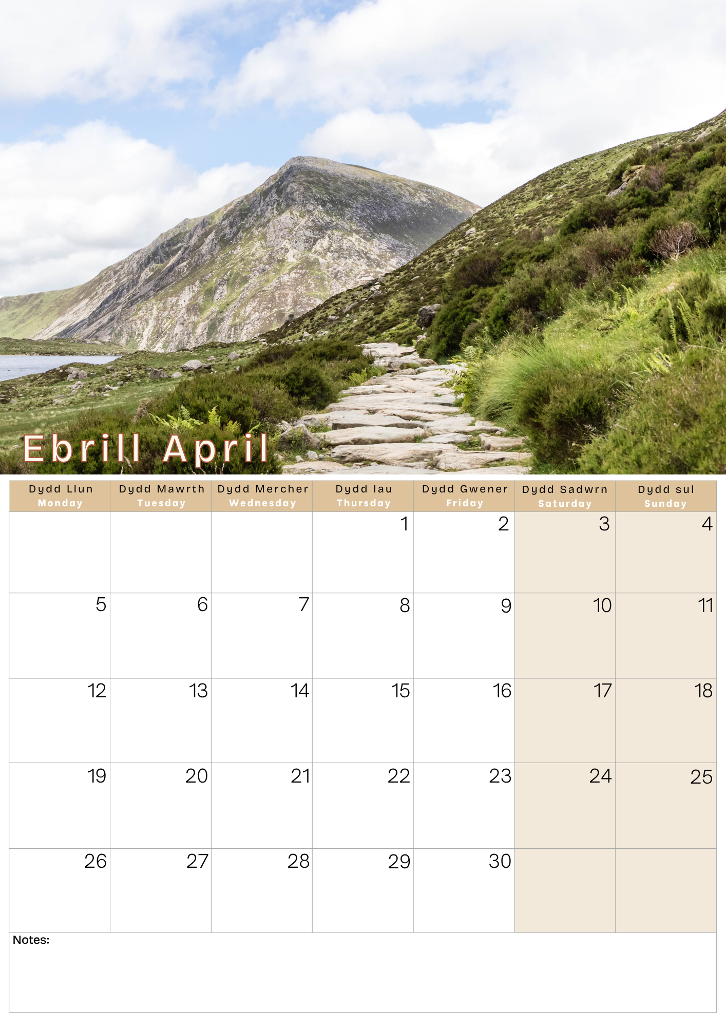 Calendar for April showing a scenic mountain landscape with a path.