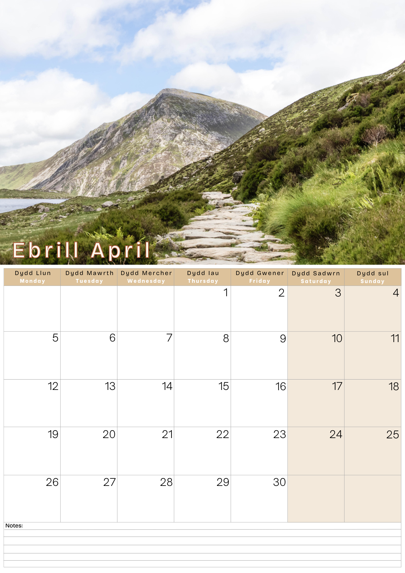 Calendar for April showing a scenic mountain landscape with a path.