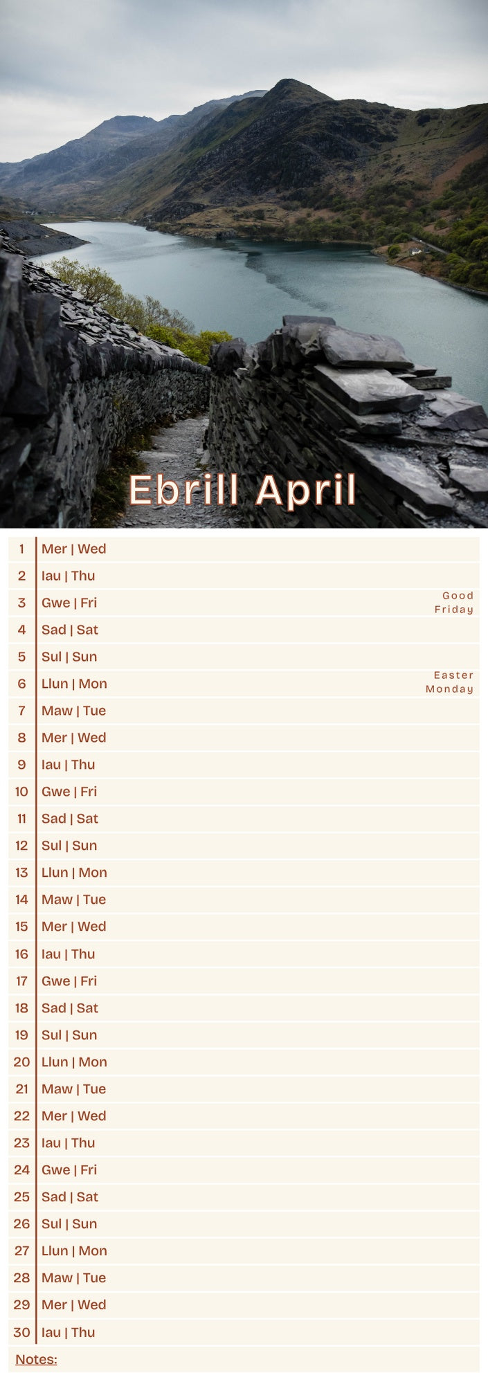 Llanberis Slim Calendar