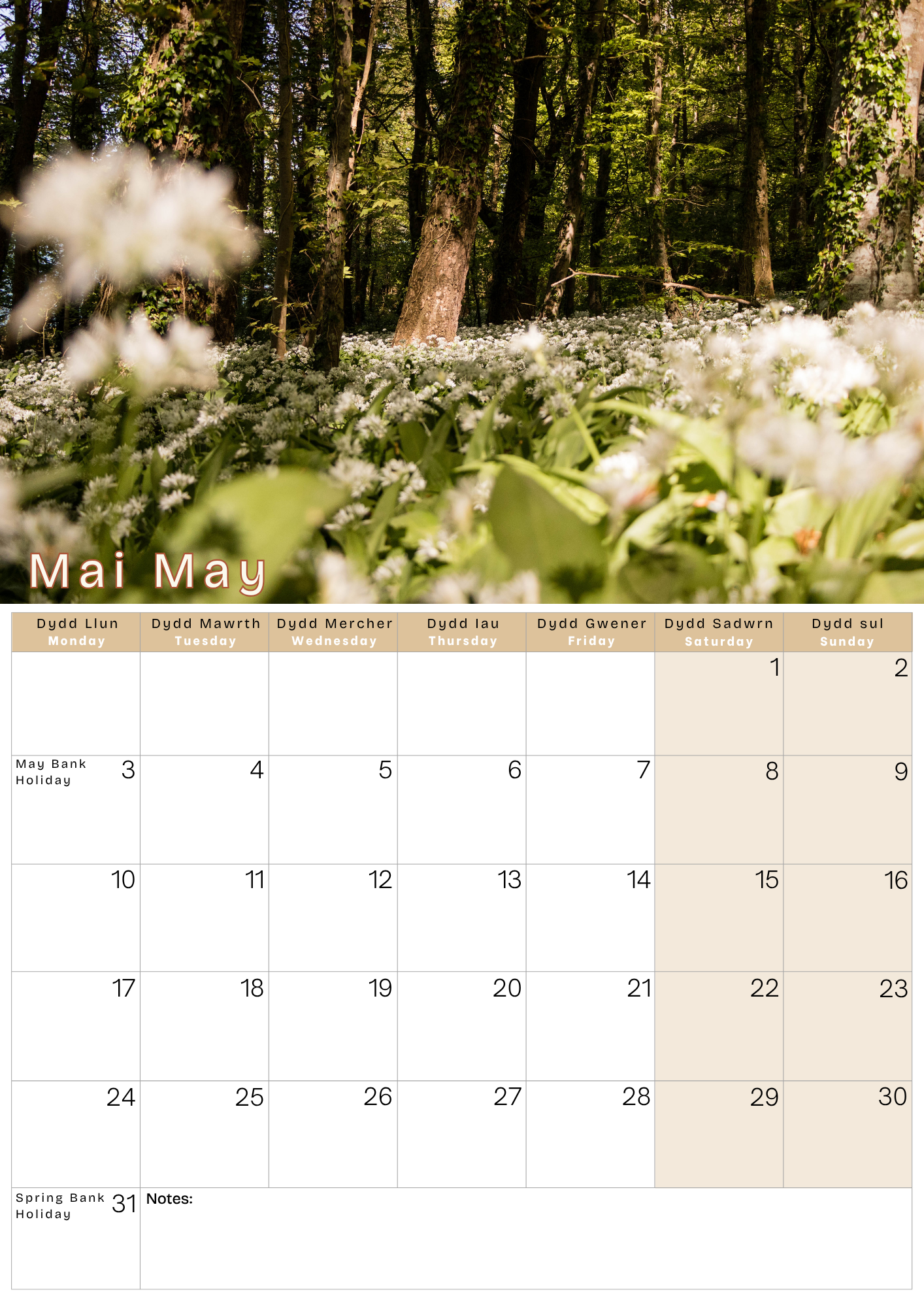 Calendar with a forest and flower background, displaying the month of May.
