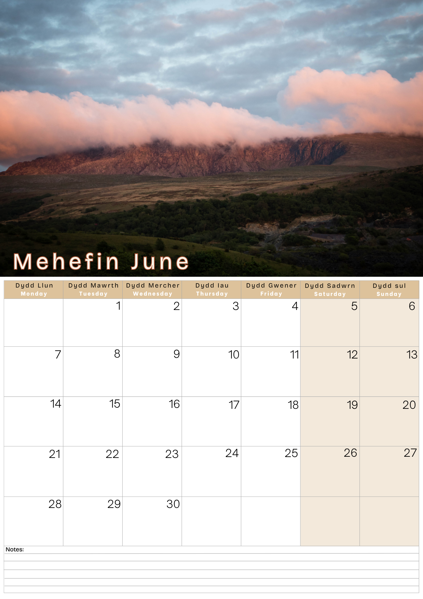 Calendar with a scenic mountain sunset landscape and the month 'Mehefin June' displayed.
