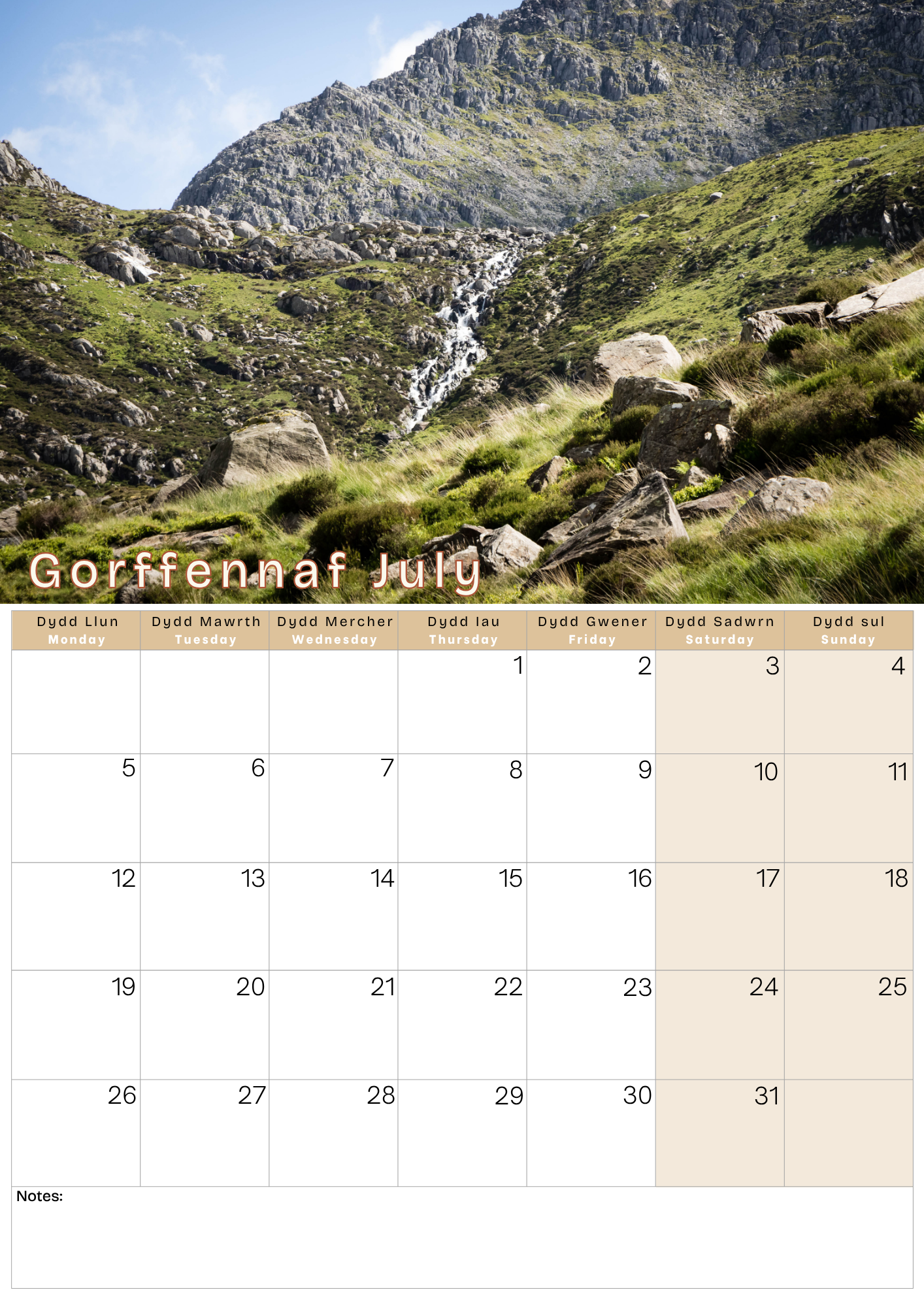 Calendar for July with a mountain landscape background