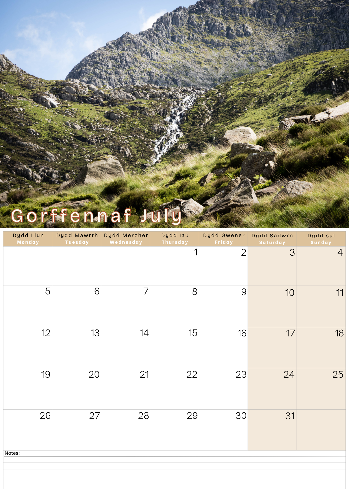 Calendar with a mountain landscape for July, featuring Welsh text.