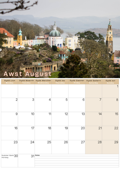 Calendar page for August with a scenic  view of Portmeirion and month of august