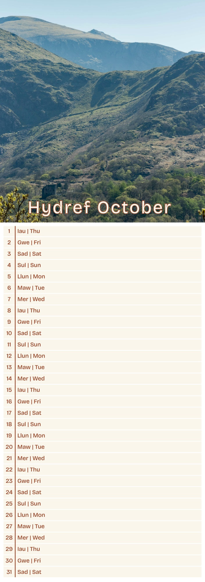 Llanberis Slim Calendar