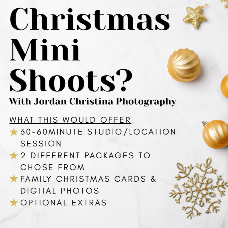 Promotional graphic for Christmas mini shoots with Jordan Christina Photography, featuring gold ornaments and snowflakes on a white background.
