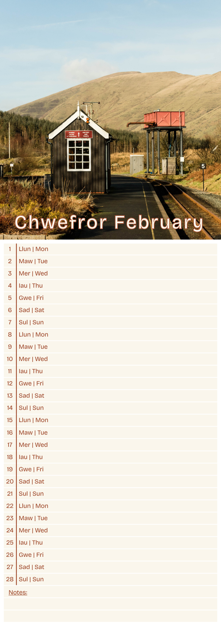 Calendar for February with a scenic railway background