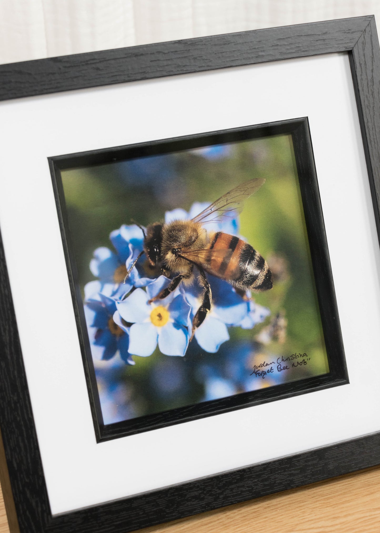 Framed photograph of a bee on a flower with a black frame.
