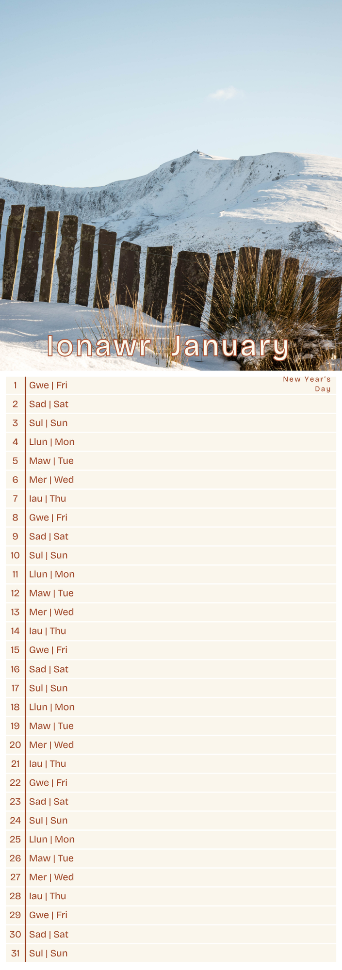 Calendar for January with a snowy mountain landscape