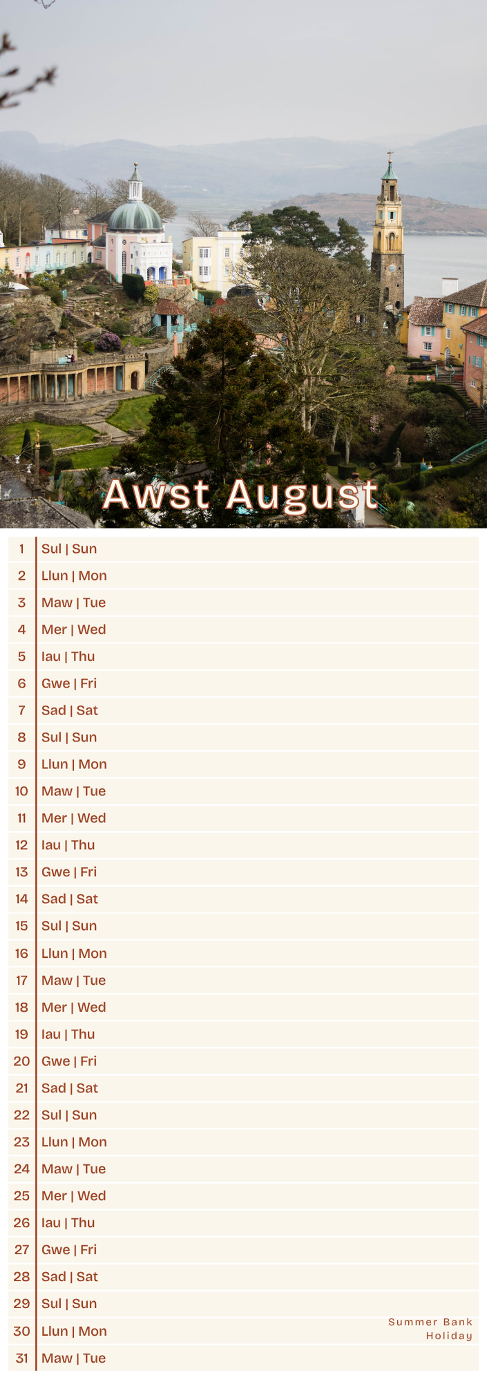 Calendar page for August with a scenic  view of Portmerion at the top