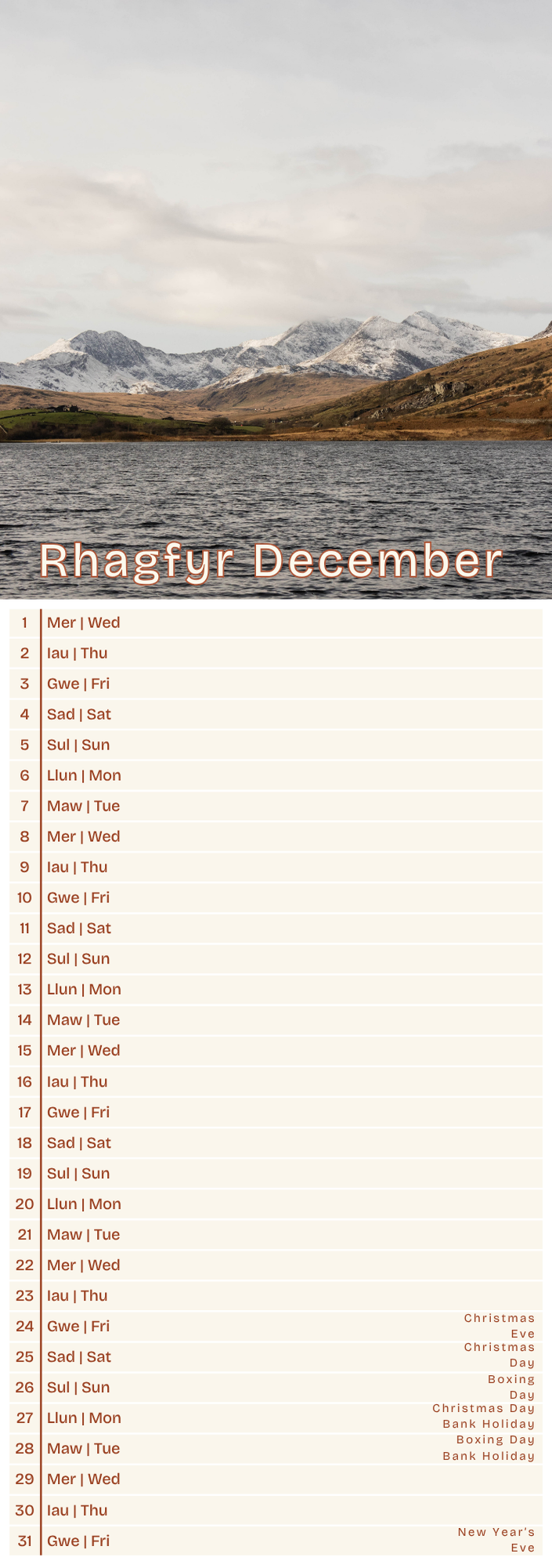 Calendar for December with a mountain landscape 