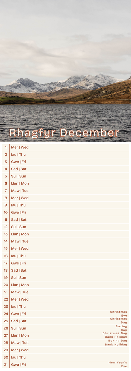 Calendar for December with a mountain landscape 