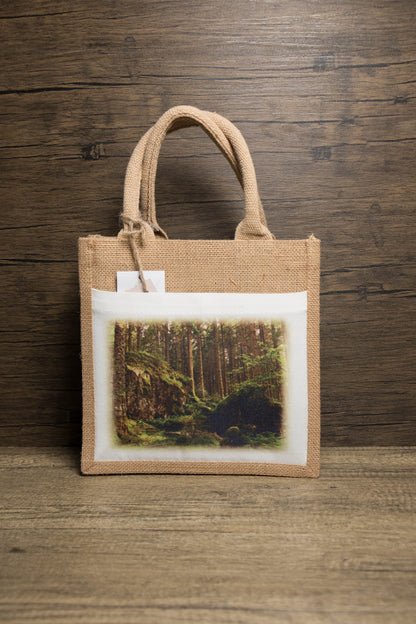Jute bag with a forest scene print 