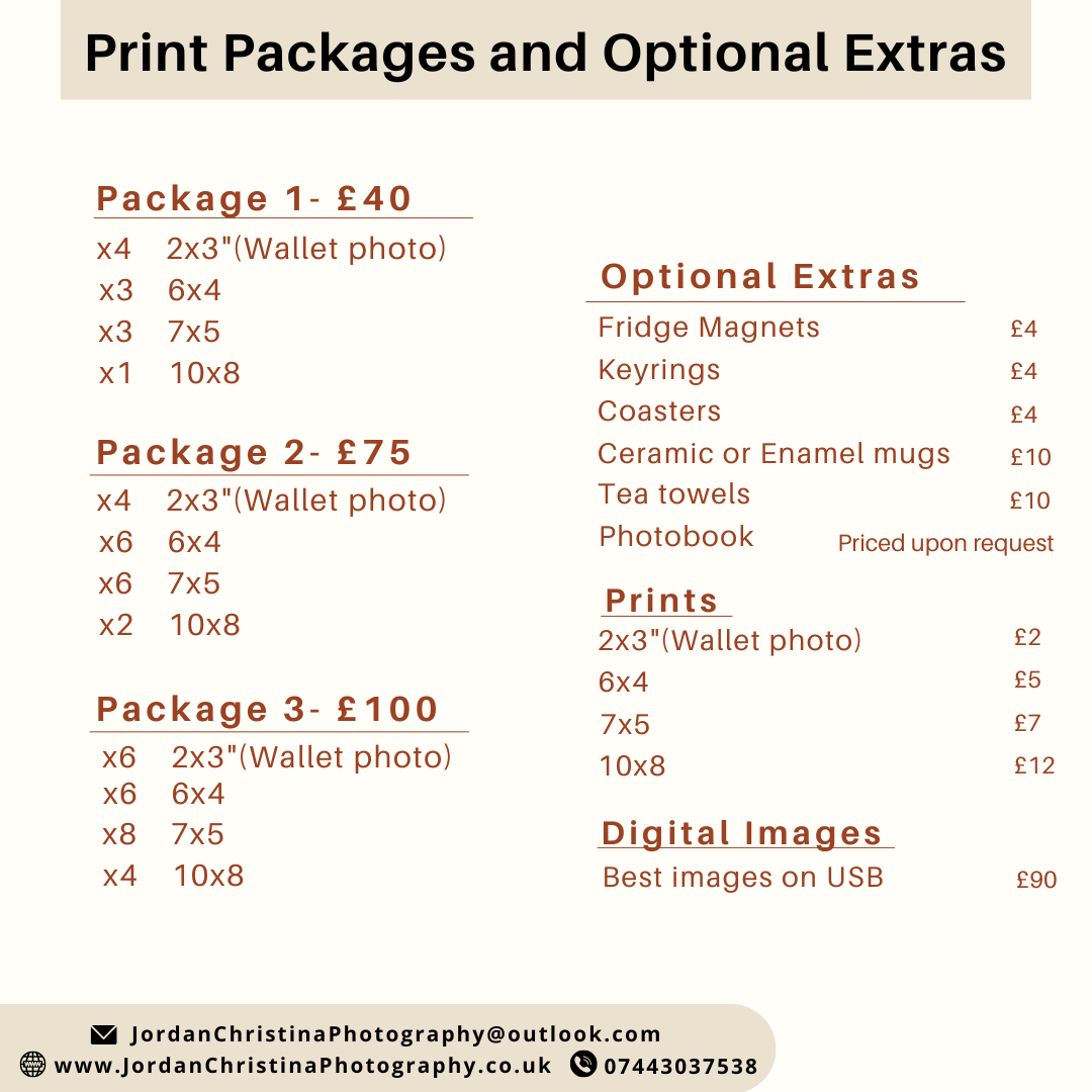 Print packages and optional extras list with prices for Jordan Christina Photography.