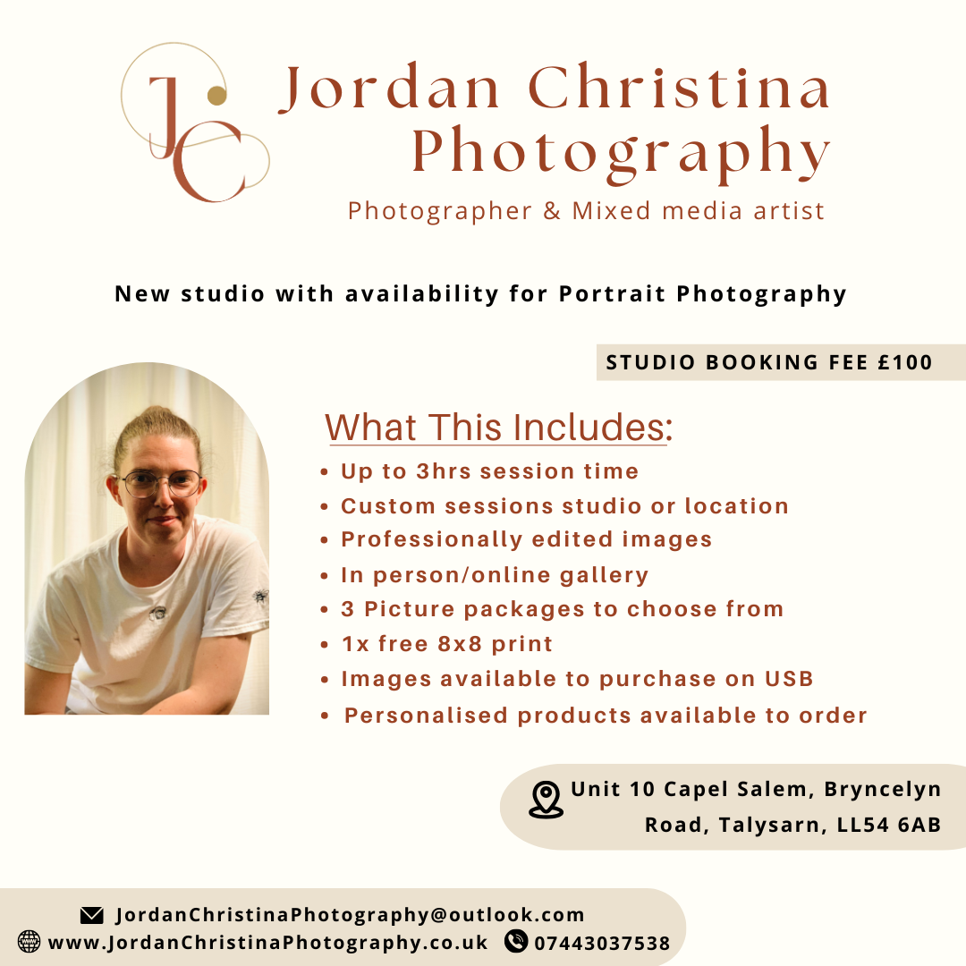Advertisement for Jordan Christina Photography with contact information and studio details.