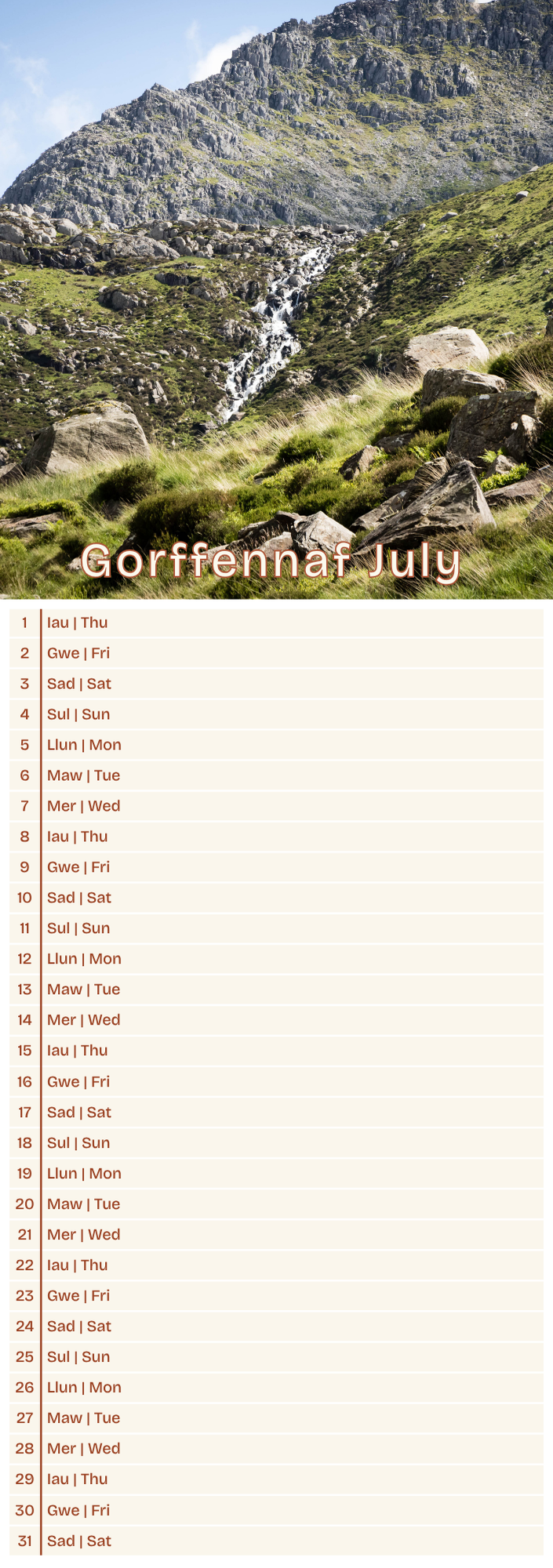 Calendar page for July with a mountain landscape background