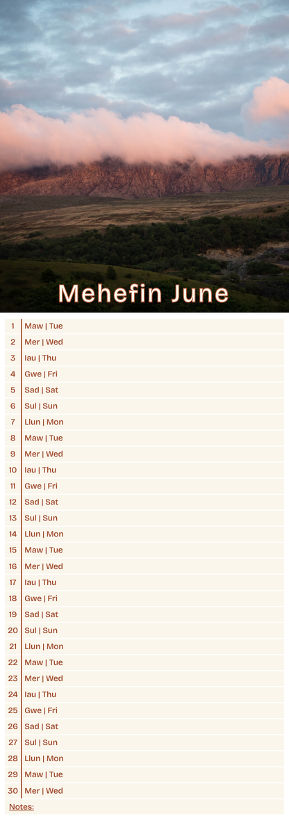 Calendar for Mehefin June with a scenic mountain sunset landscape at the top