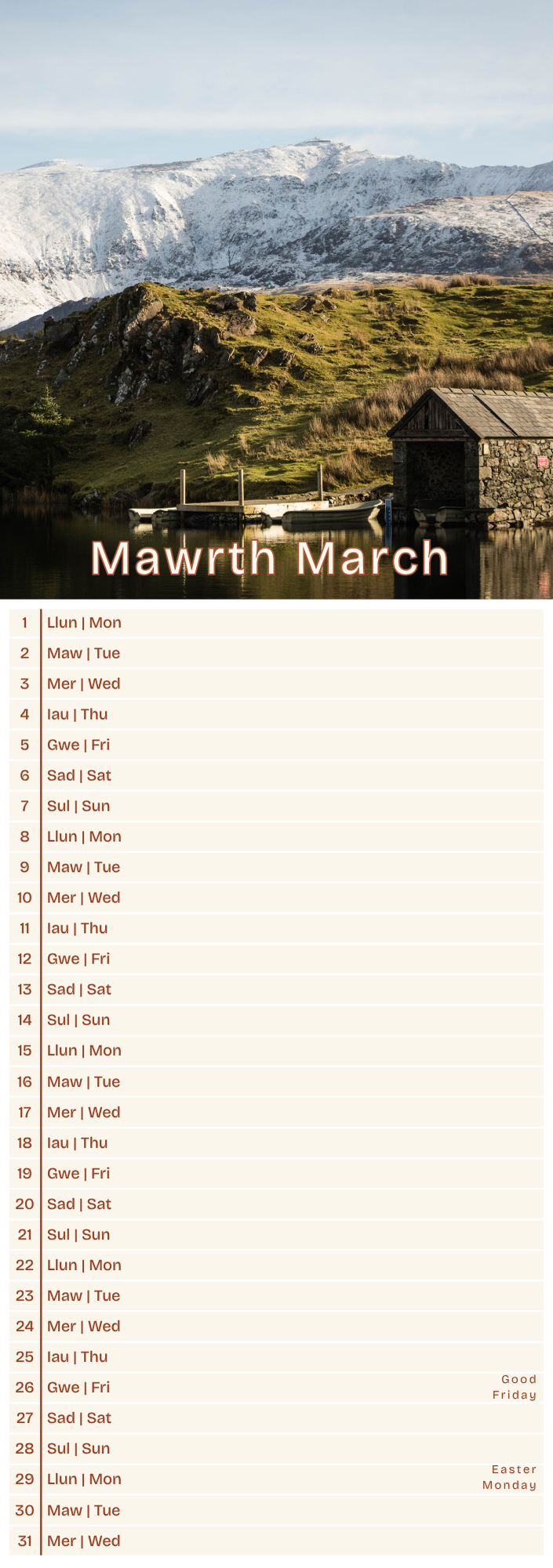 Calendar page for March with a scenic mountain landscape and boat house.