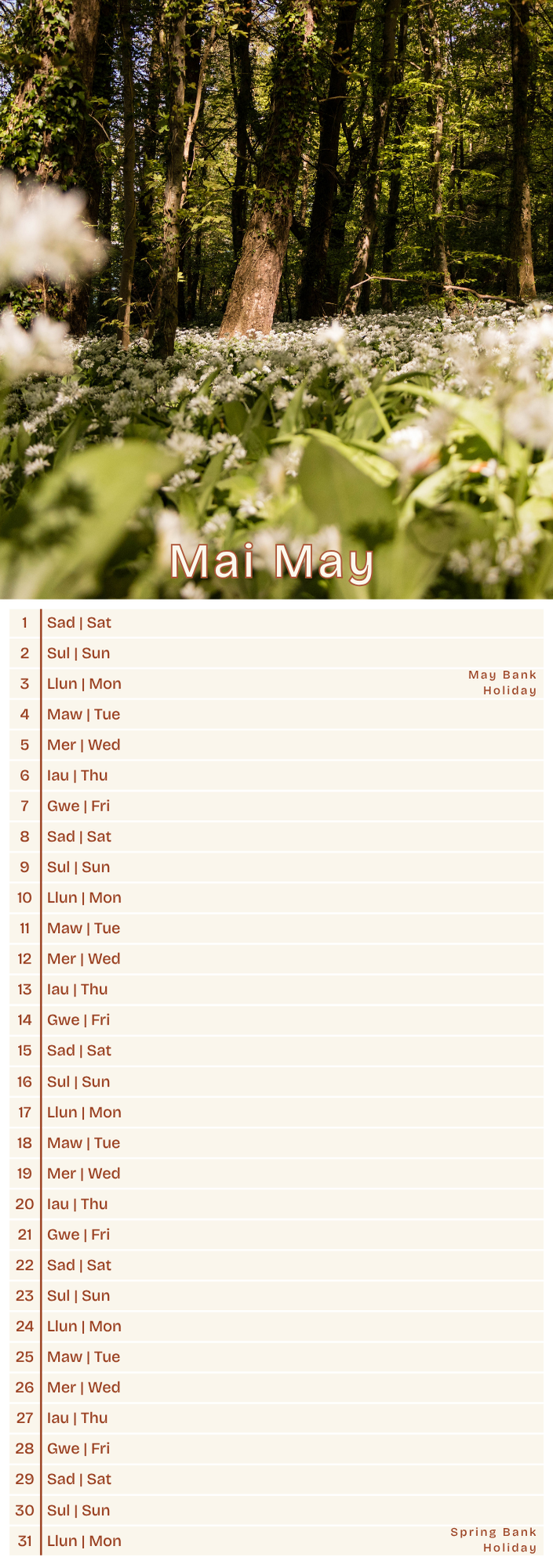 Calendar page for May with a forest and flowers background