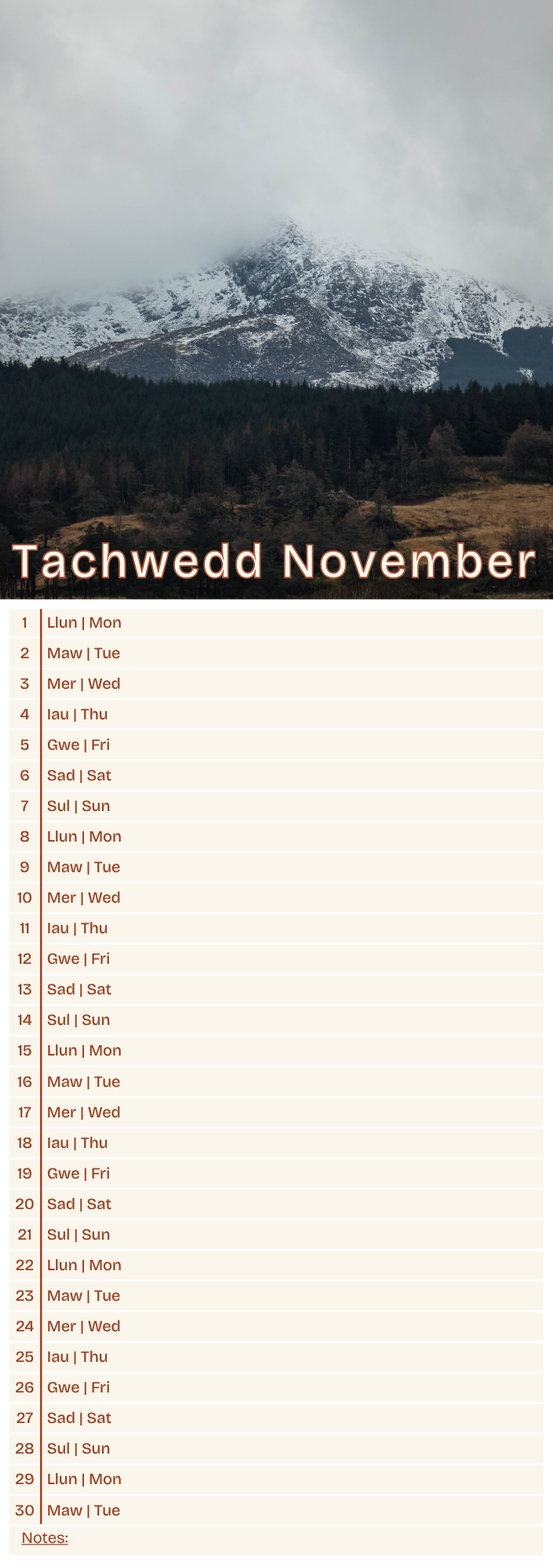 Calendar for Tachwedd November with a snowy mountain landscape