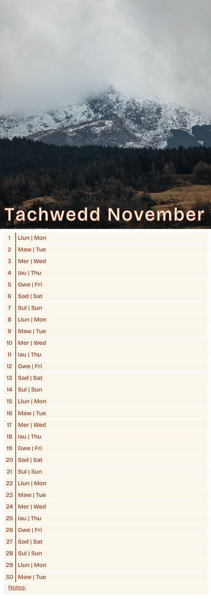 Calendar for Tachwedd November with a snowy mountain landscape