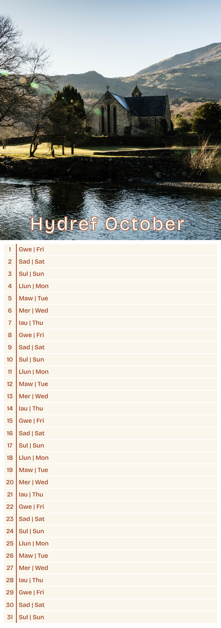 Calendar page for October showing a scenic landscape with a church and mountains.