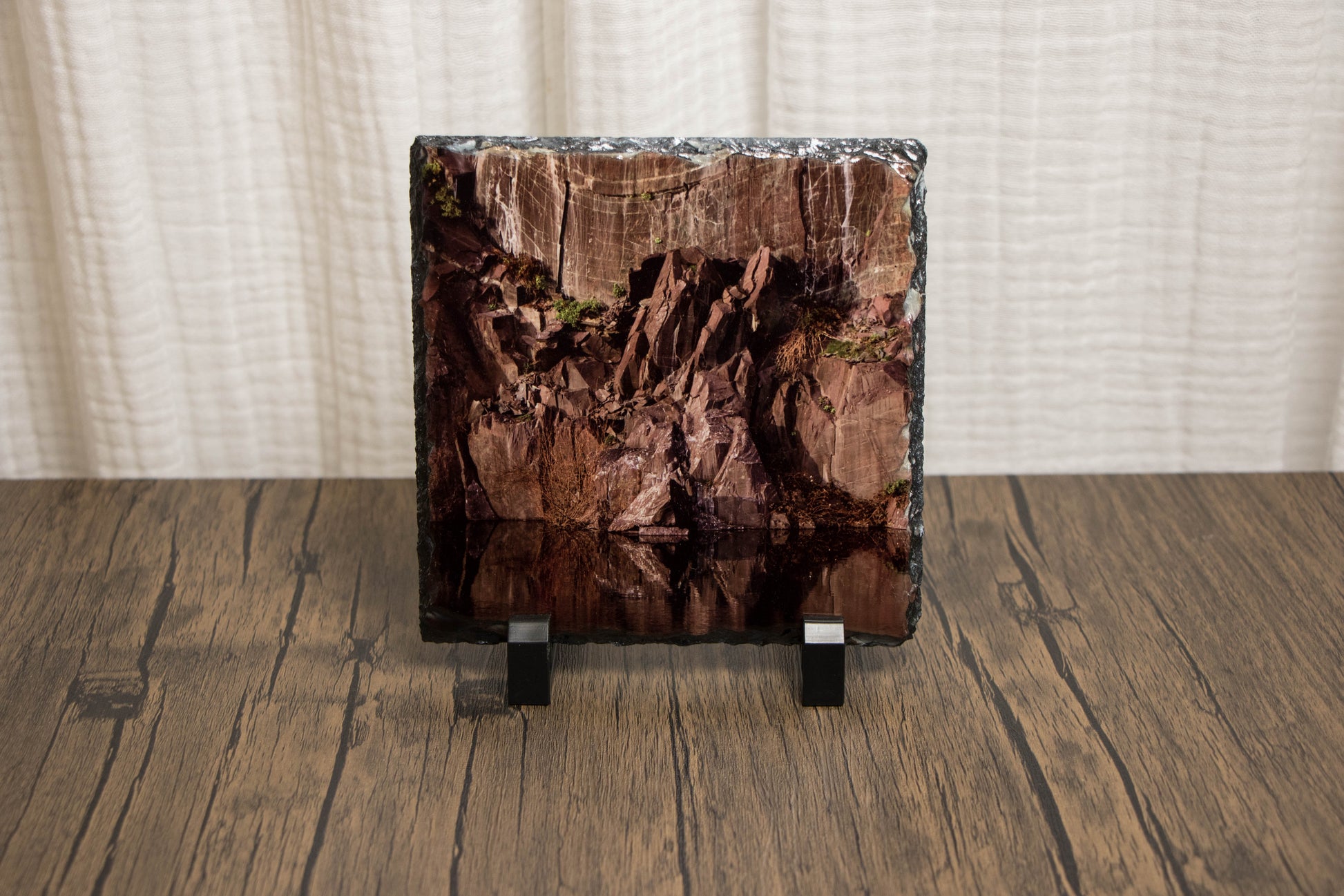 photographic printed photo slate with slate pit wall and the reflection in the lake