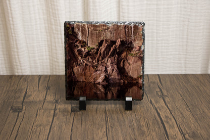photographic printed photo slate with slate pit wall and the reflection in the lake