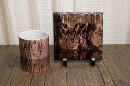 photographic printed photo slate and mug with slate pit wall and the reflection in the lake on both products
